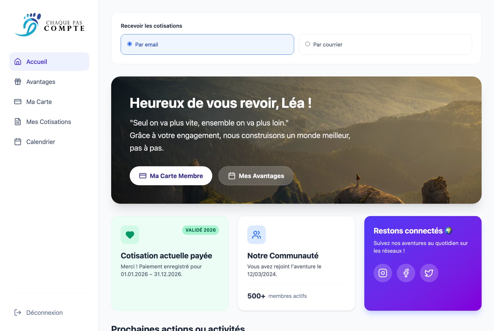 Page d’accueil de l’espace membre de Léa Martin (membre fictif)