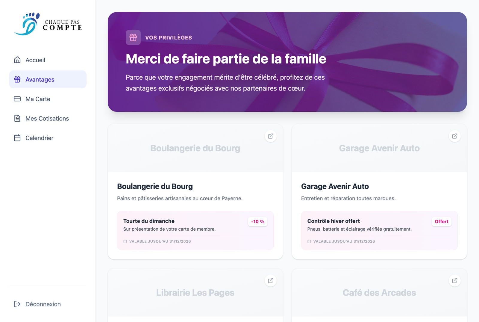 Page des avantages partenaires avec des offres (partenaires fictifs)