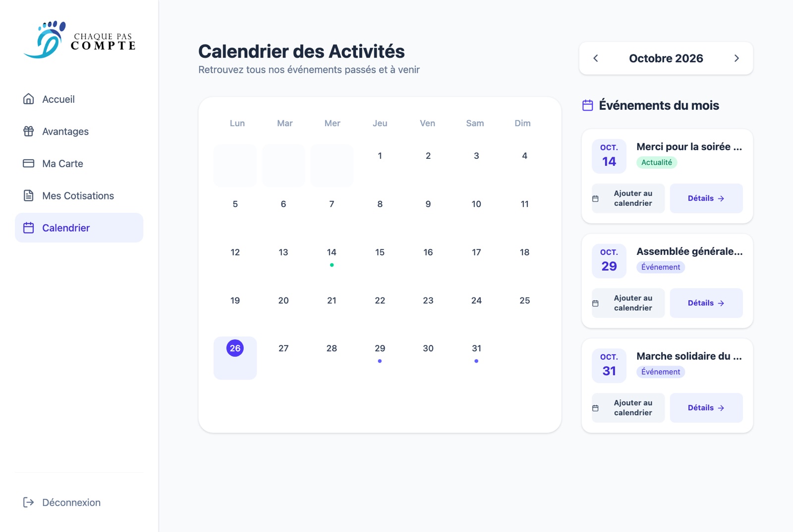 Calendrier des activités avec les événements du mois