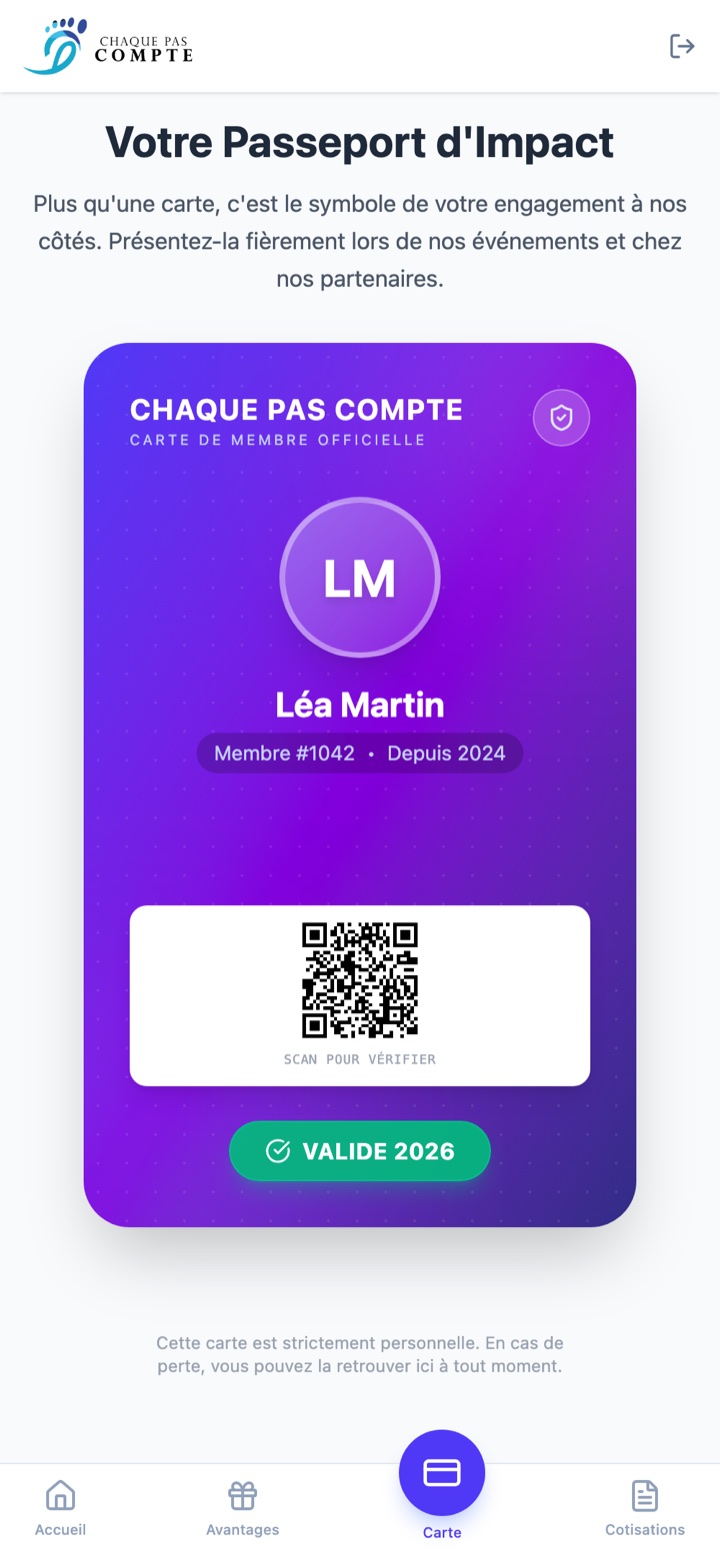 Carte de membre numérique de Léa Martin (membre fictif) avec son QR code